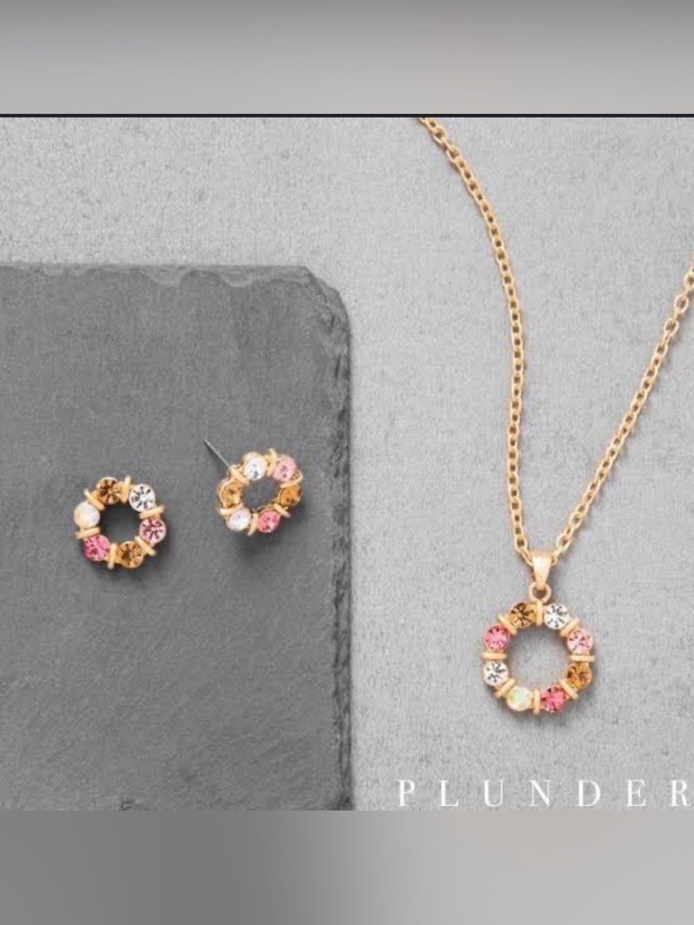 Plunder Design Gold Pink & White Crystal Circle Necklace and Earrings Set